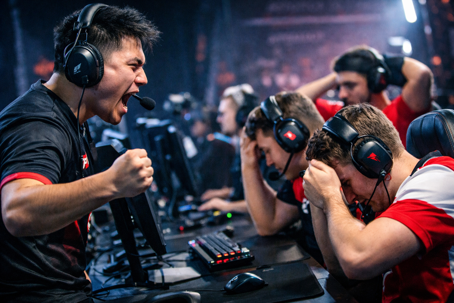 ugadores de CS2 en una serie de playoffs con celebración intensa, tensión total y ambiente de escenario competitivo