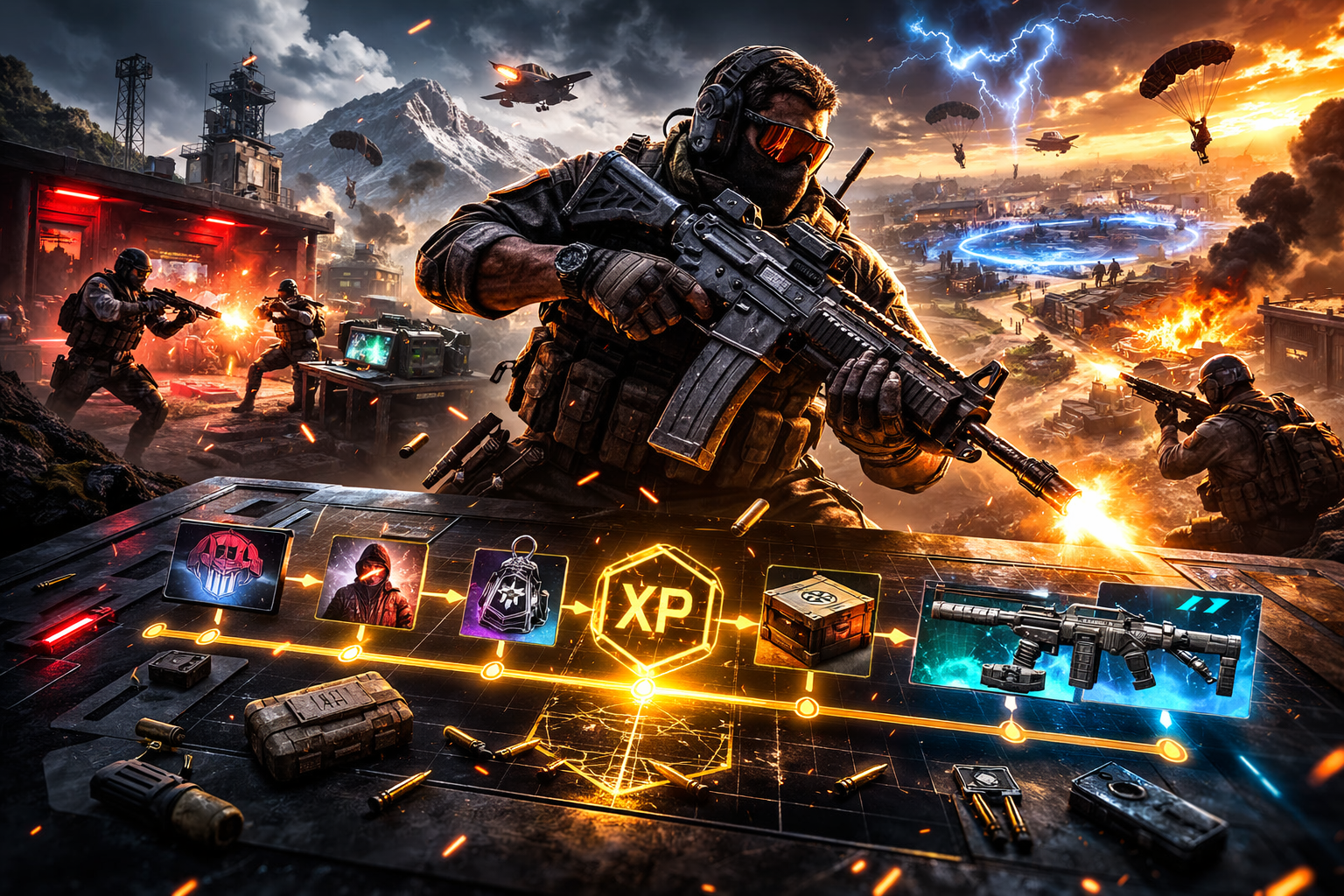 Escena de combate militar con recompensas, progresión de XP y ambiente intenso de temporada en un shooter competitivo