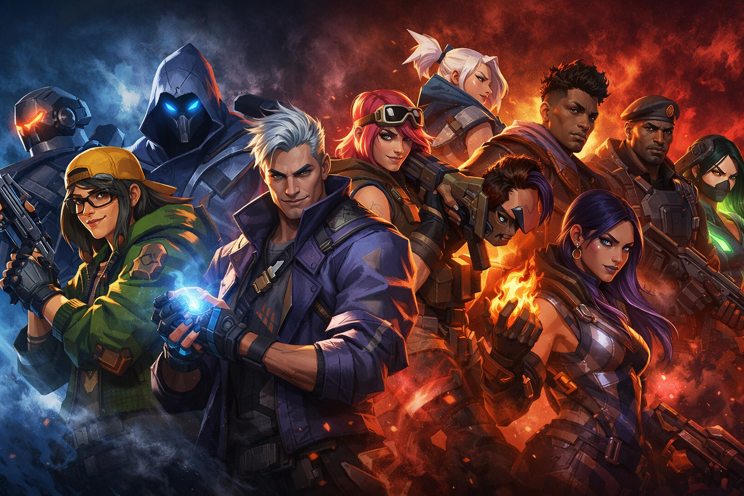 Grupo de agentes con estética futurista en una escena inspirada en shooter táctico y ambiente competitivo