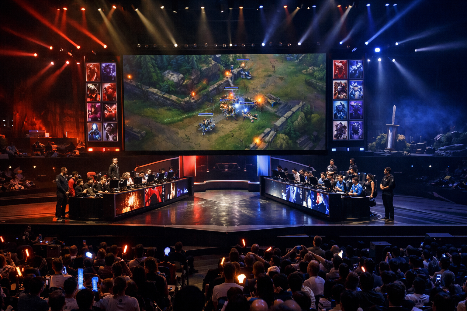 Escena de draft competitivo de LoL con coaches, análisis estratégico y ambiente de escenario e-sports