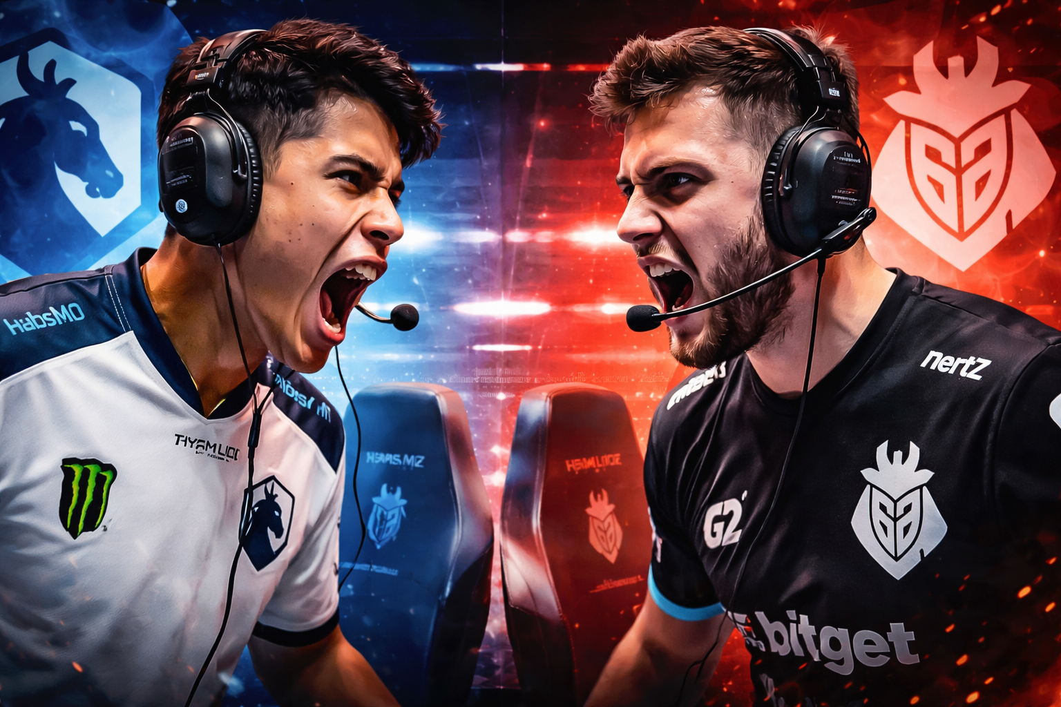 Duelo visual entre dos jugadores de CS2 con tensión competitiva, cambio de roster y ambiente fuerte de e-sports