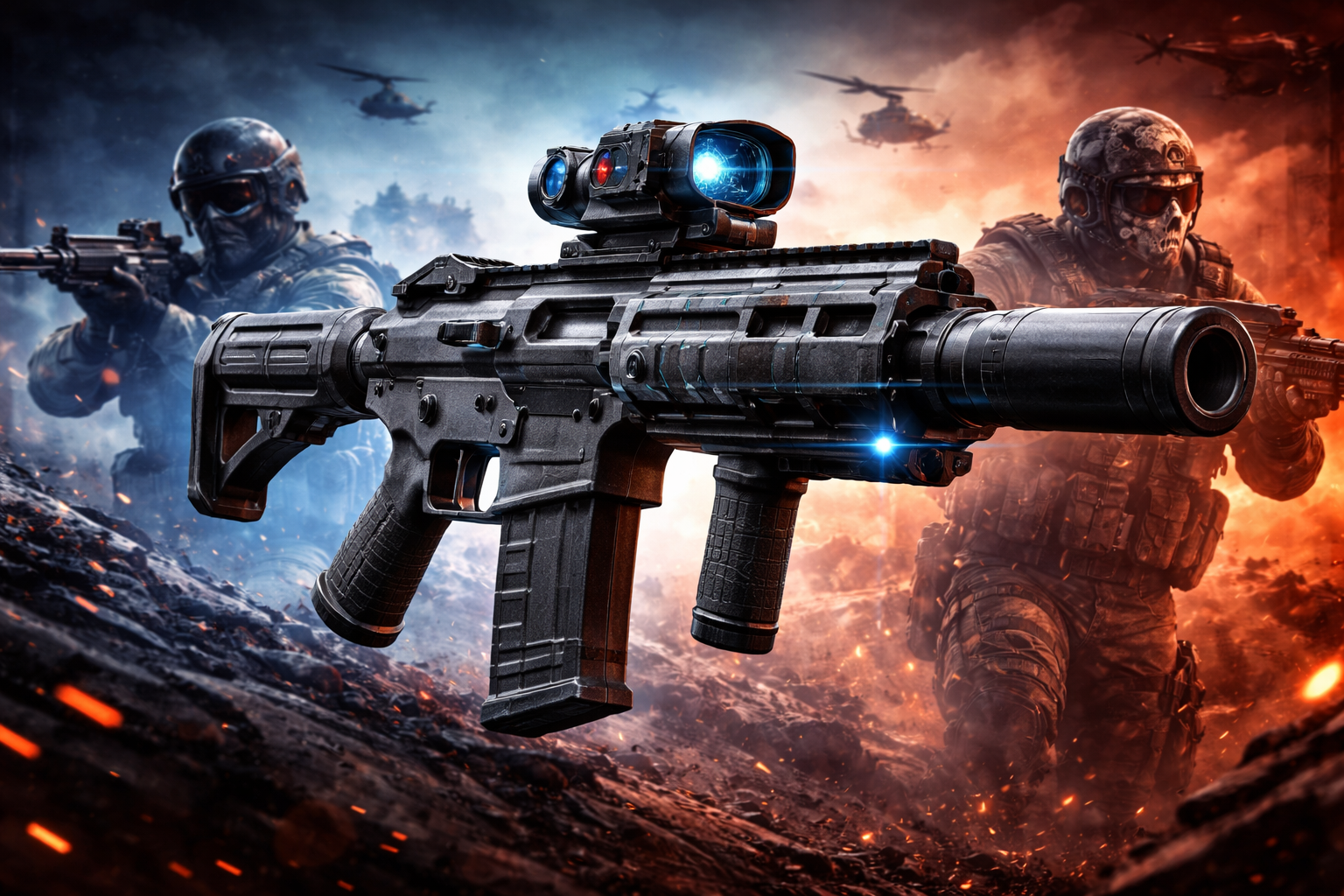 Rifle de asalto futurista con accesorios tácticos en una escena de combate intenso y ambiente competitivo