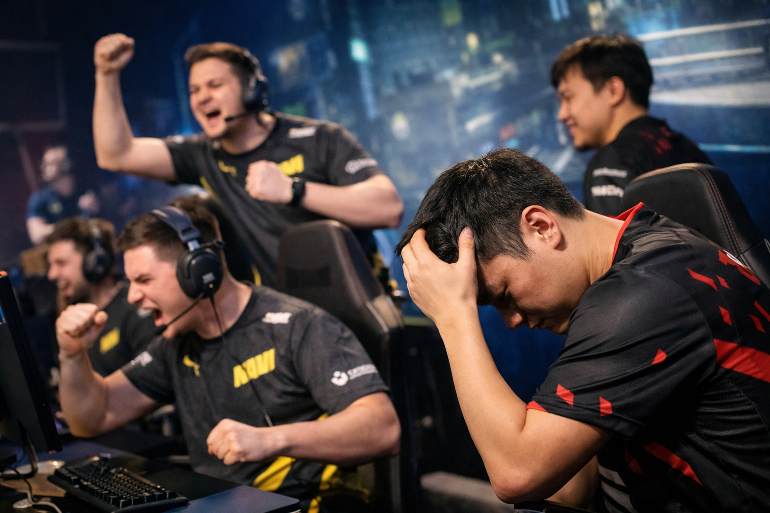 Jugadores de CS2 en un escenario de playoffs con celebración dominante, tensión total y ambiente competitivo