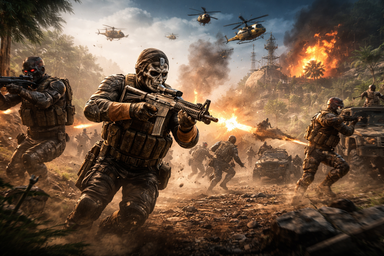 Combate intenso en Black Ops Royale con soldados en plena batalla y ambiente de Warzone cargado de acción