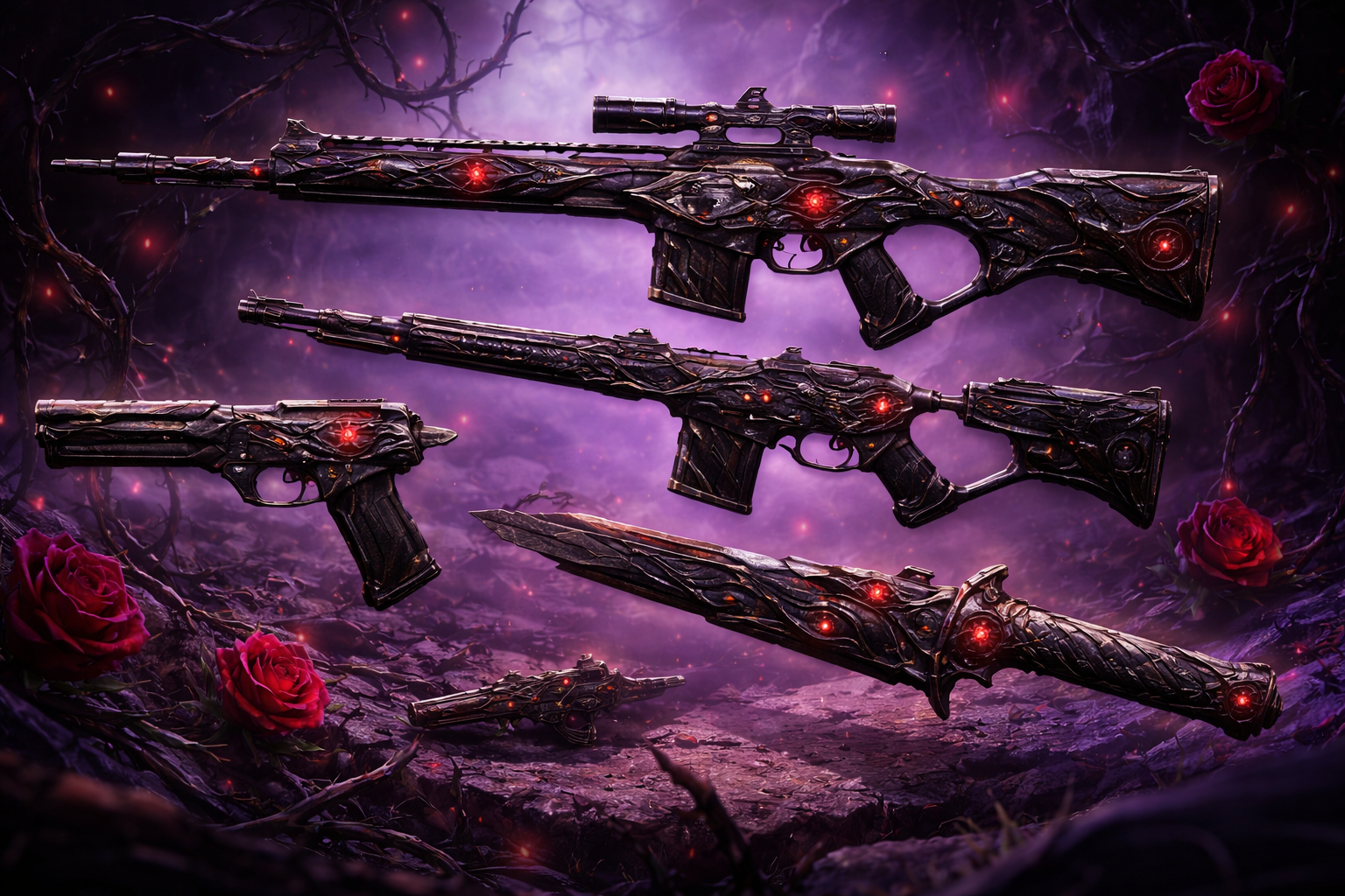 Colección de armas con diseño oscuro de rosas y espinas en una escena premium inspirada en VALORANT