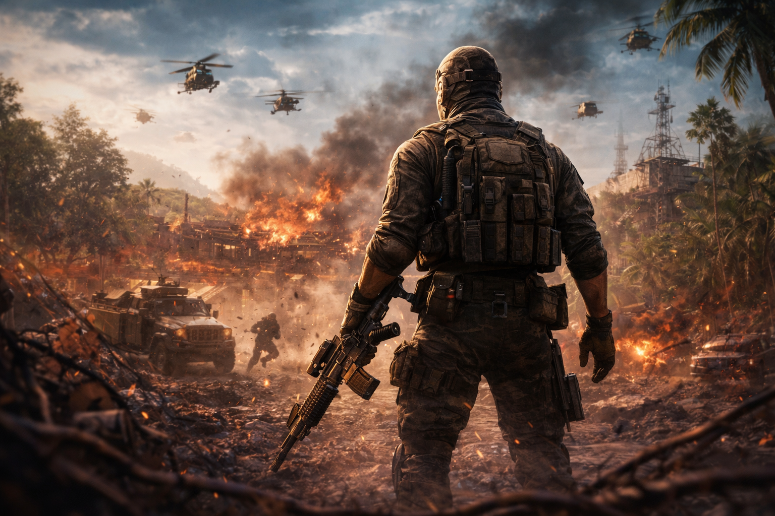 Operador solitario en un escenario de Warzone con ambiente tenso, supervivencia y acción de Black Ops Royale