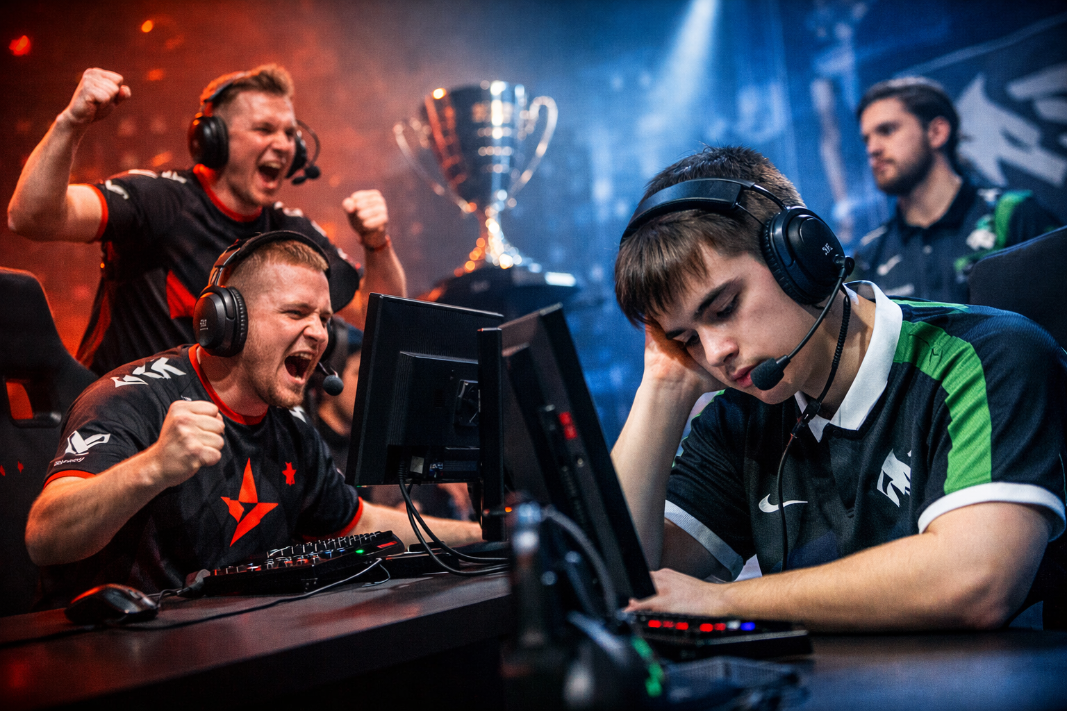 Jugadores de CS2 en un duelo de playoffs con celebración de un lado, frustración del otro y ambiente total de escenario competitivo
