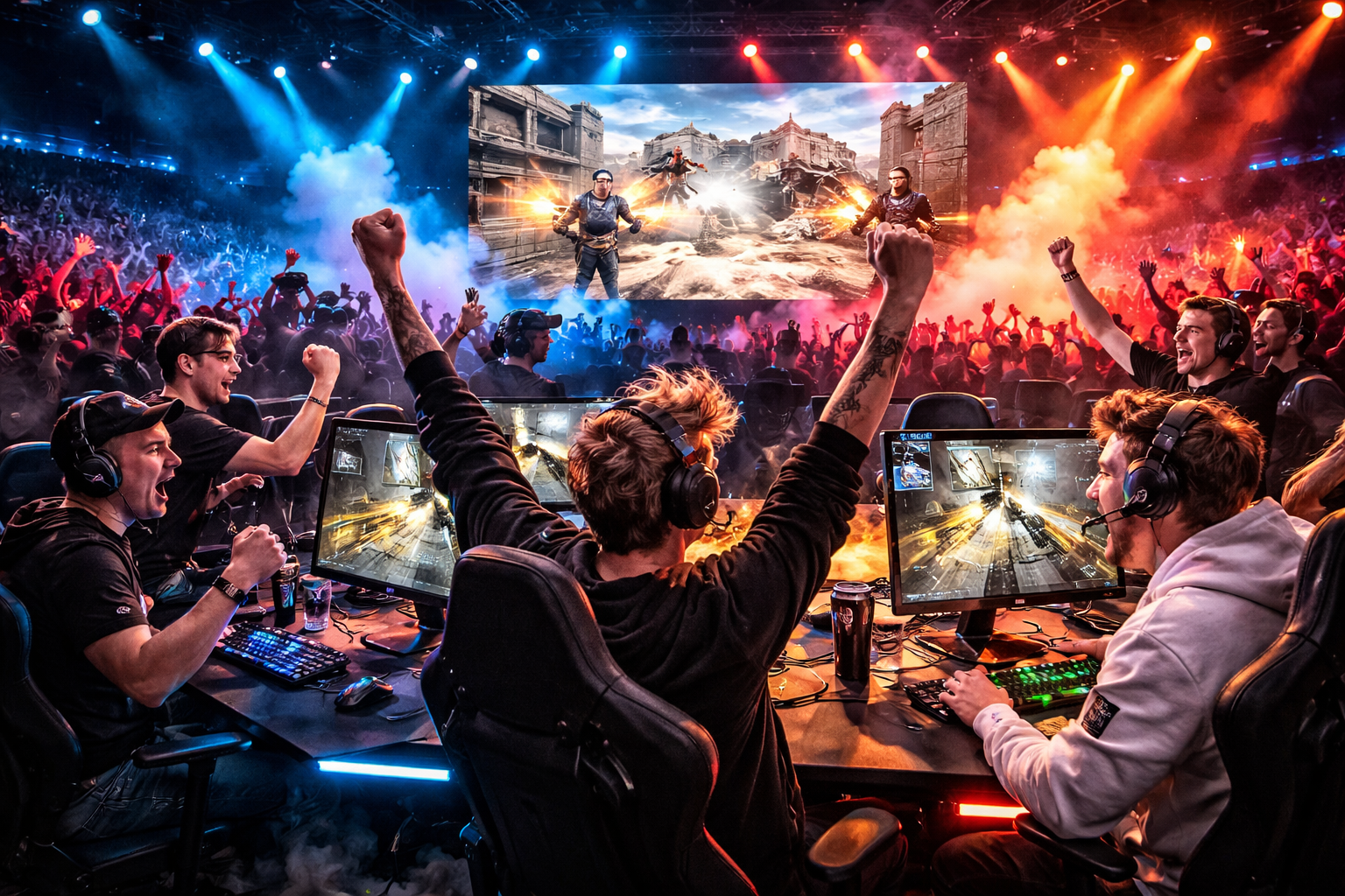 Streamers compitiendo en un showmatch de CS2 con luces intensas, celebración y ambiente fuerte de arena e-sports