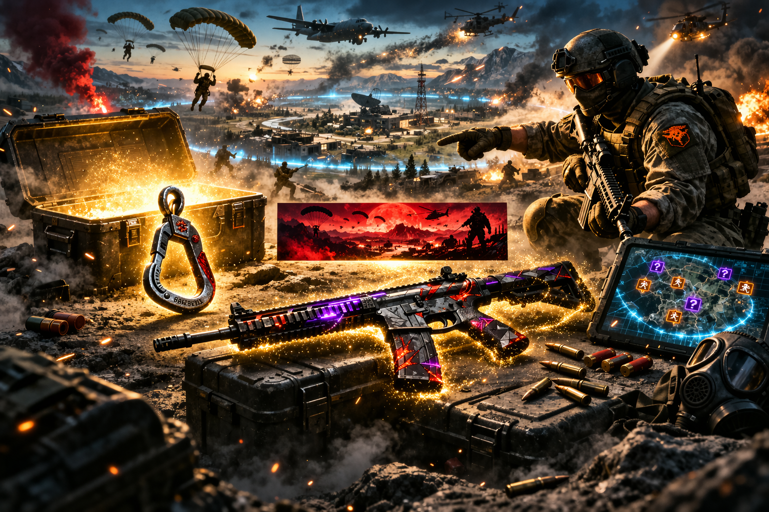 Operador en una batalla de Black Ops Royale con caja de loot, recompensas exclusivas y ambiente intenso de Warzone