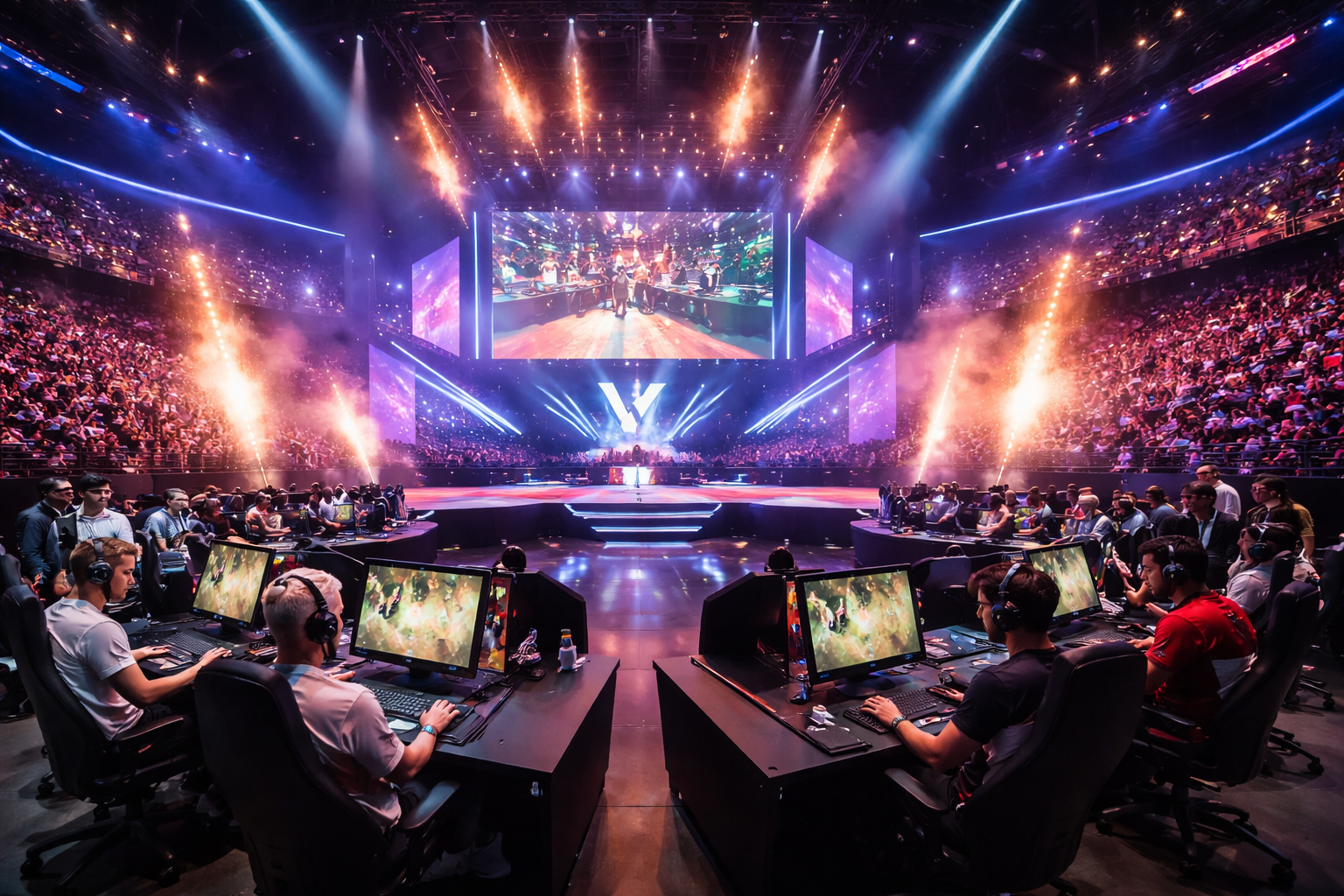 Jugadores compitiendo en una arena de VALORANT con escenario grande, público encendido y ambiente internacional de e-sports