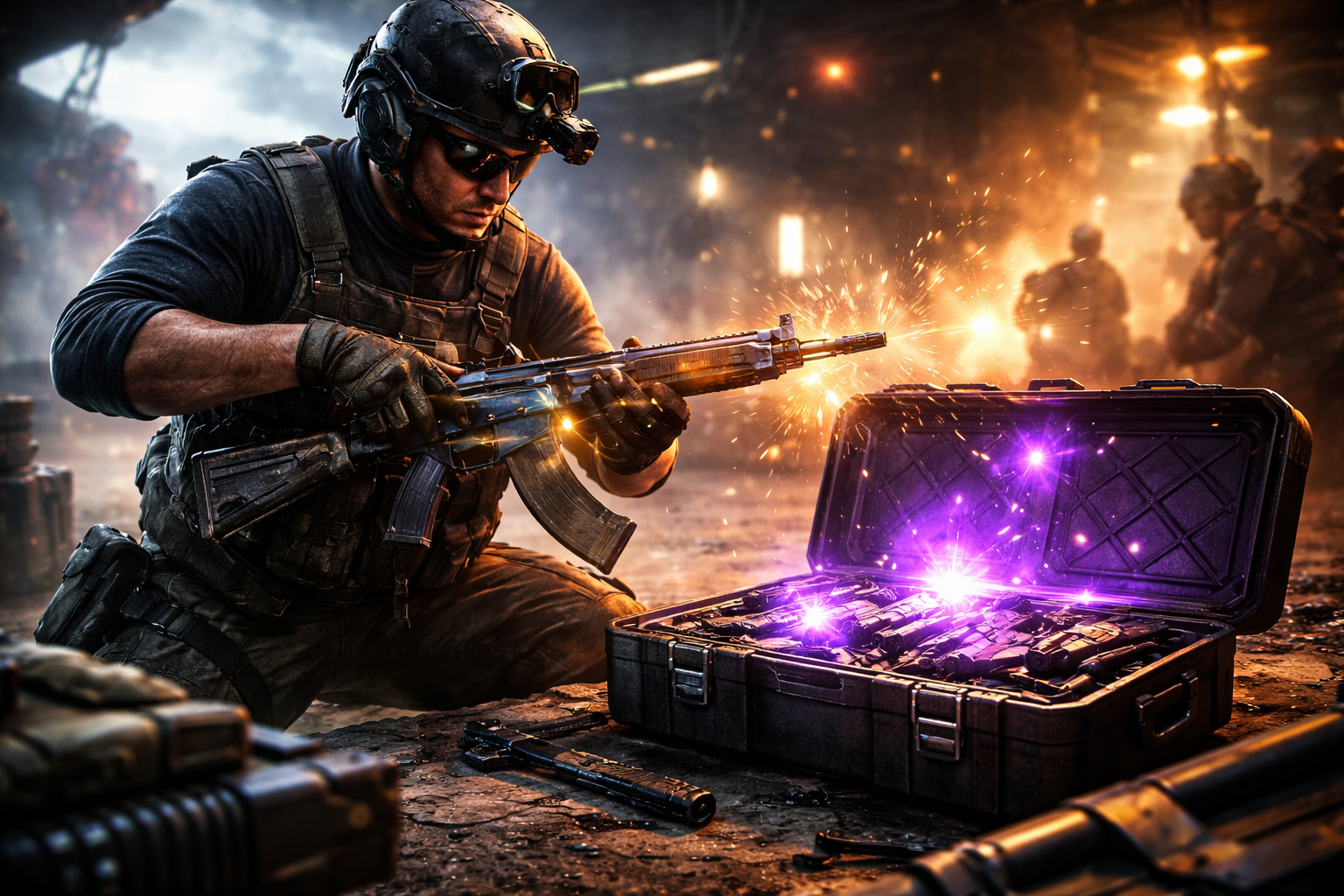 Operador mejorando un arma en Black Ops Royale con accesorios tácticos, caja de upgrade y ambiente intenso de Warzone