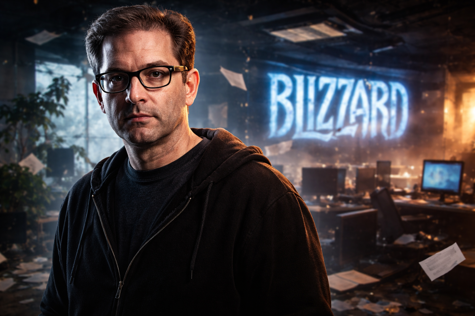 Exdirector de un shooter competitivo en una escena tensa de oficina con ambiente dramático y enfoque en la industria gaming