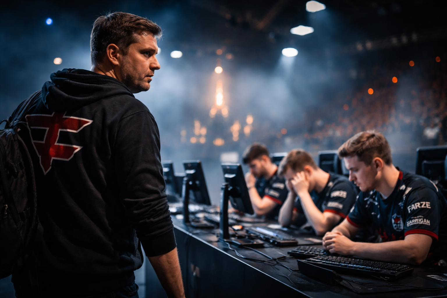 Coach de CS2 alejándose del escenario mientras el equipo queda en una atmósfera seria y competitiva
