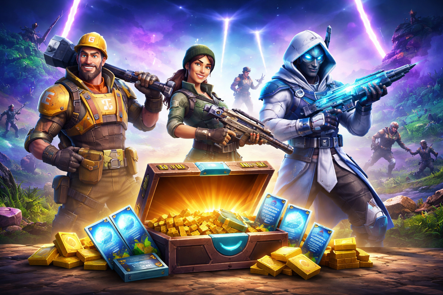 Héroes en una escena de Save the World con recompensas, botín brillante y ambiente épico de Fortnite