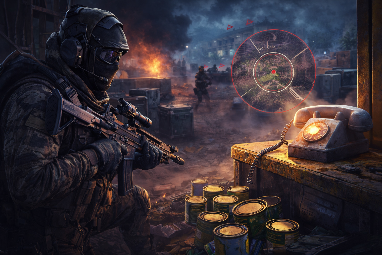 Operador en una misión de Black Ops Royale con teléfono activo, latas de pintura y ambiente tenso de Warzone