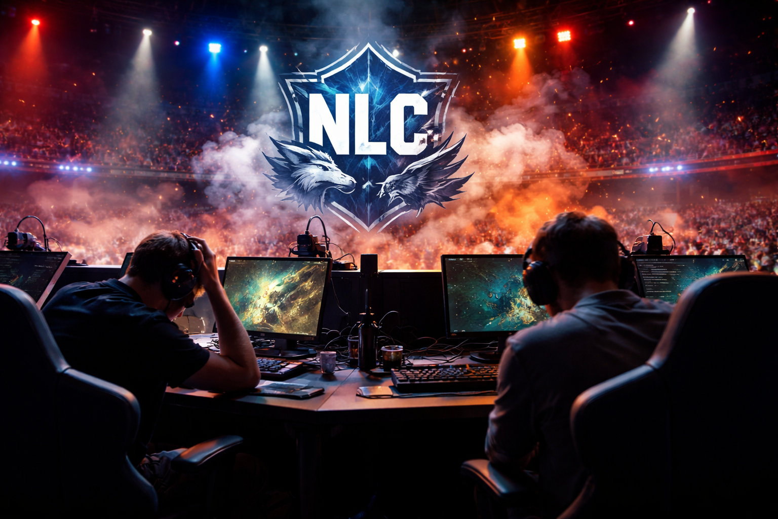 Escenario de esports con jugadores compitiendo en medio de un ambiente tenso por la incertidumbre de la NLC