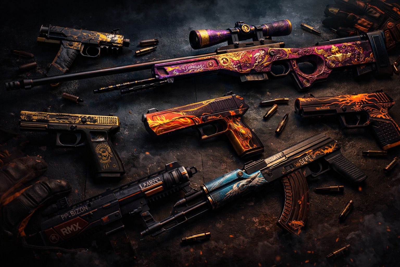 Armas de CS2 con skins de la colección Dead Hand sobre una superficie oscura con estilo elegante y detalles dorados