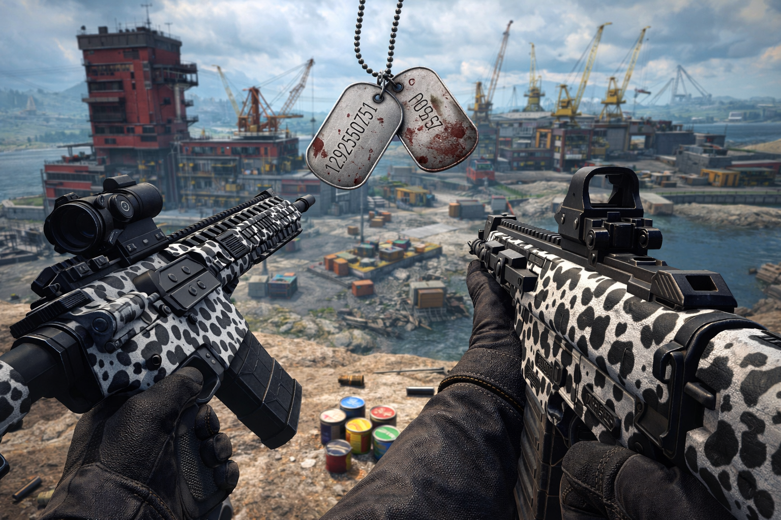 Armas con camuflaje Spotted en Black Ops Royale sobre Old Arsenal, con placas y latas de pintura en primer plano