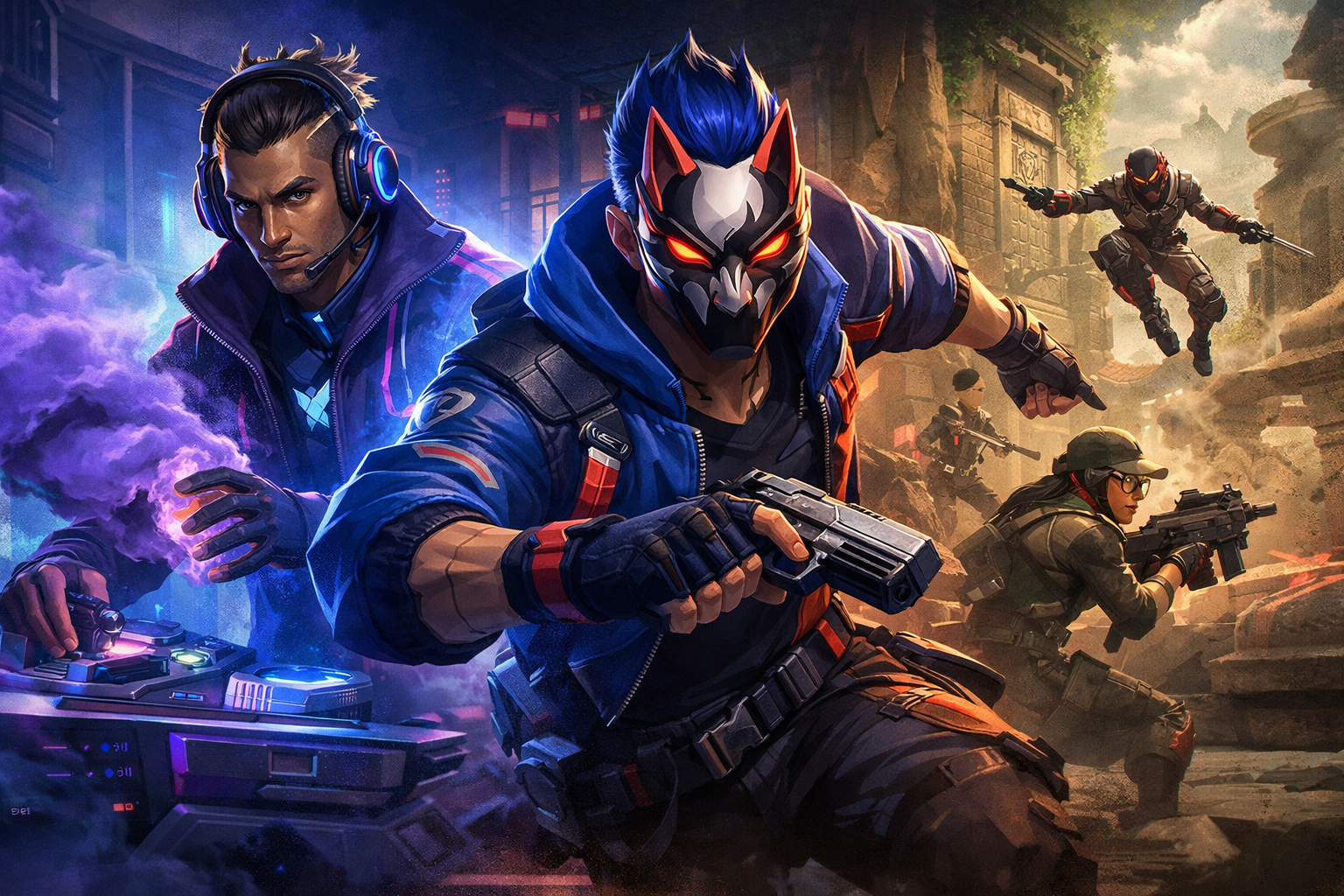 Agentes de VALORANT en una escena de combate inspirada en el parche 12.05, con Miks, Yoru y acción en Lotus