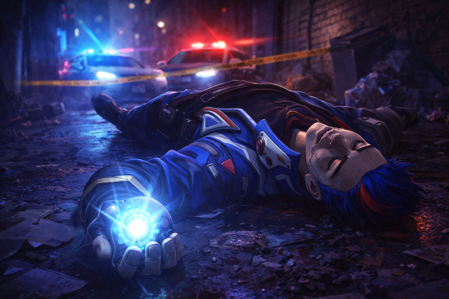 Yoru en una escena oscura y dramática inspirada en su fuerte nerfeo en VALORANT, con un ambiente tenso de callejón