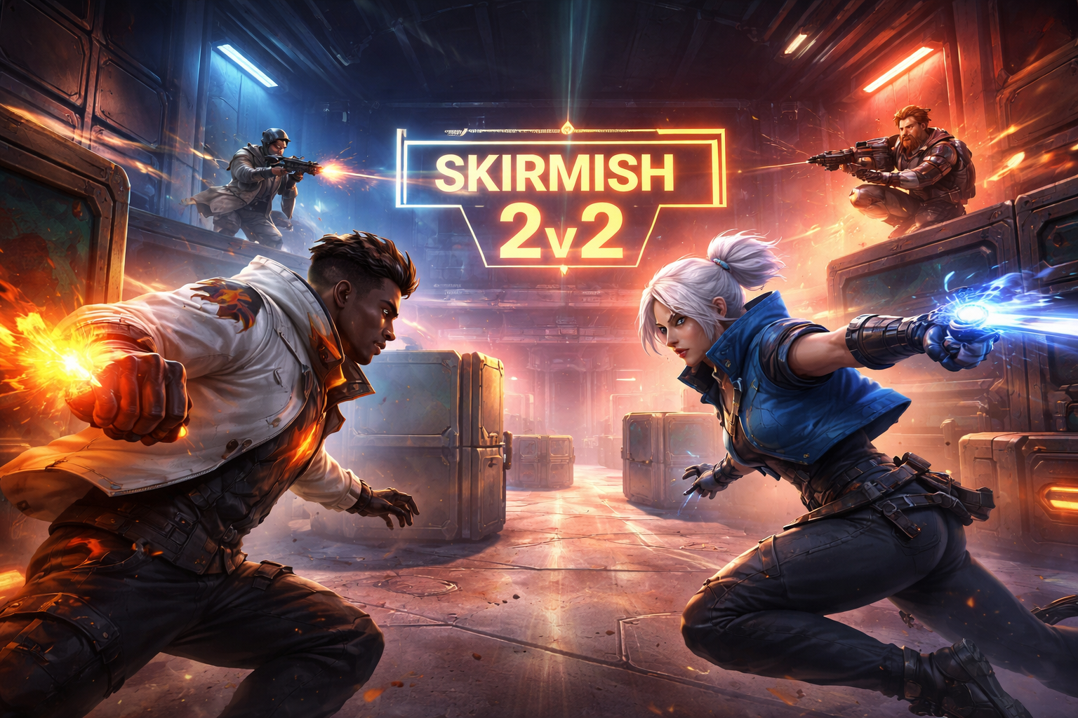 Agentes de VALORANT en un duelo intenso inspirado en el regreso de Skirmish 2v2, con un ambiente competitivo y de práctica