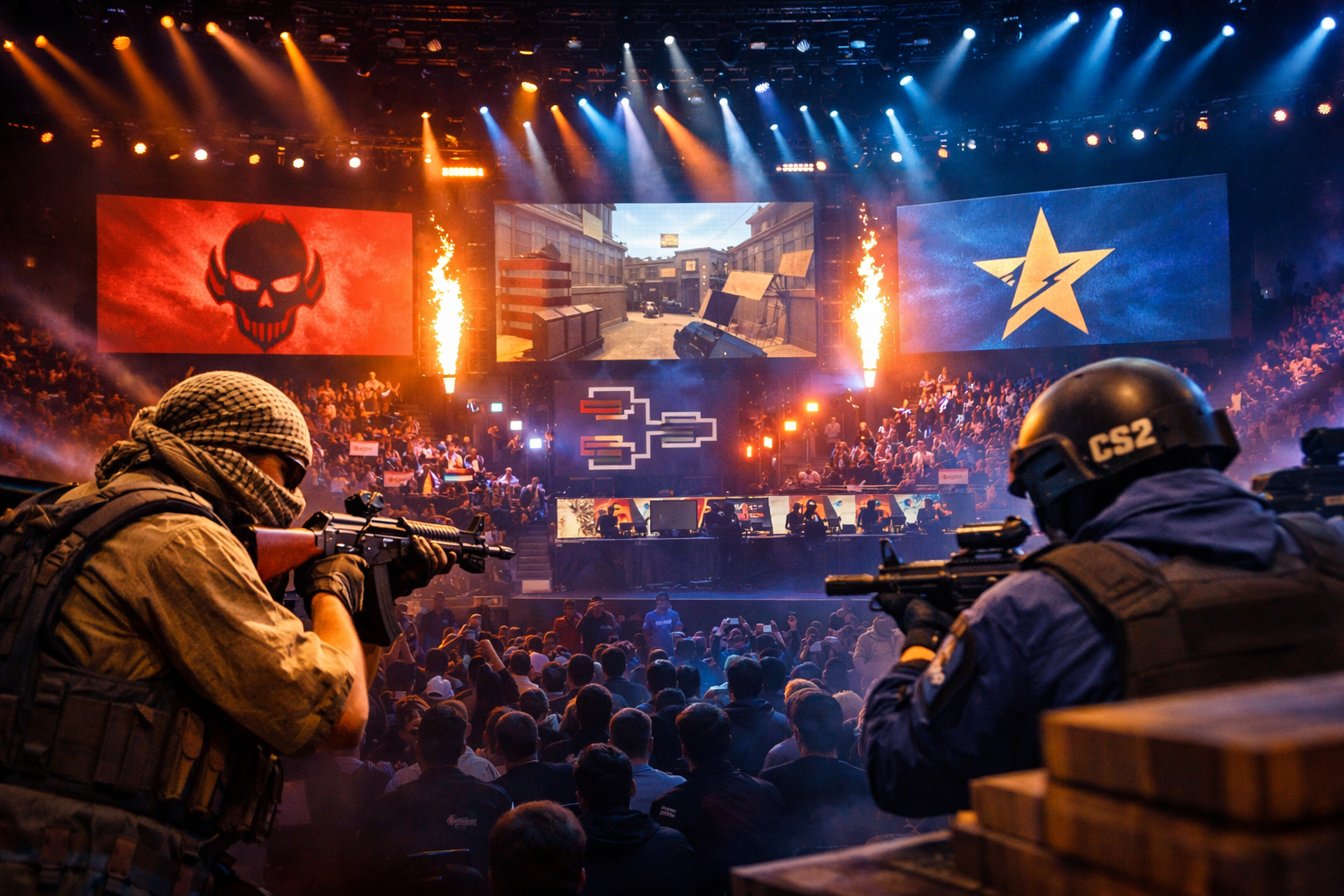 Escenario de CS2 con ambiente de torneo internacional, luces de arena y una puesta en escena intensa inspirada en BLAST Open Rotterdam 2026