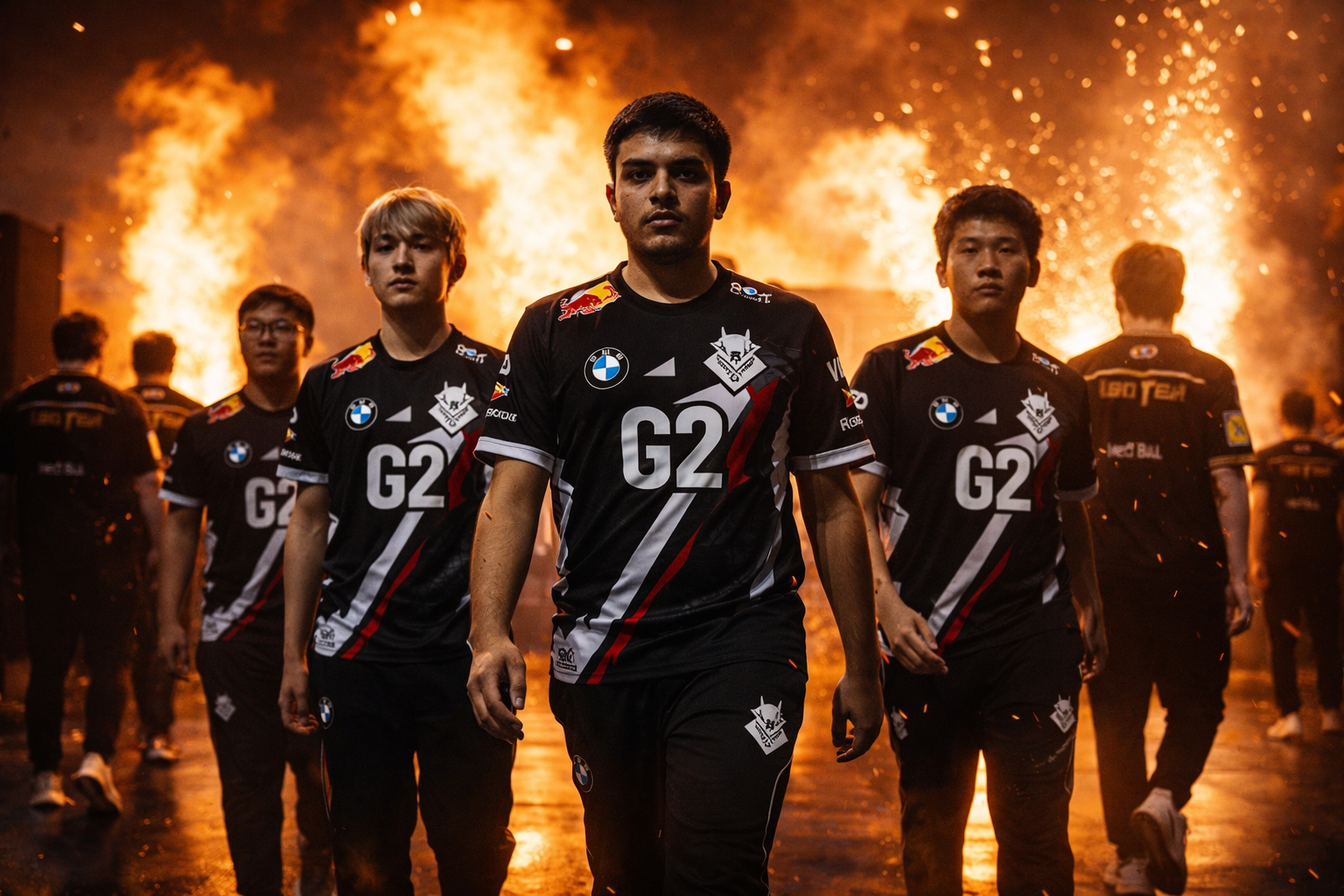 Jugadores de G2 en una escena intensa tras su victoria sobre Gen.G, con una atmósfera de sorpresa y dominio total