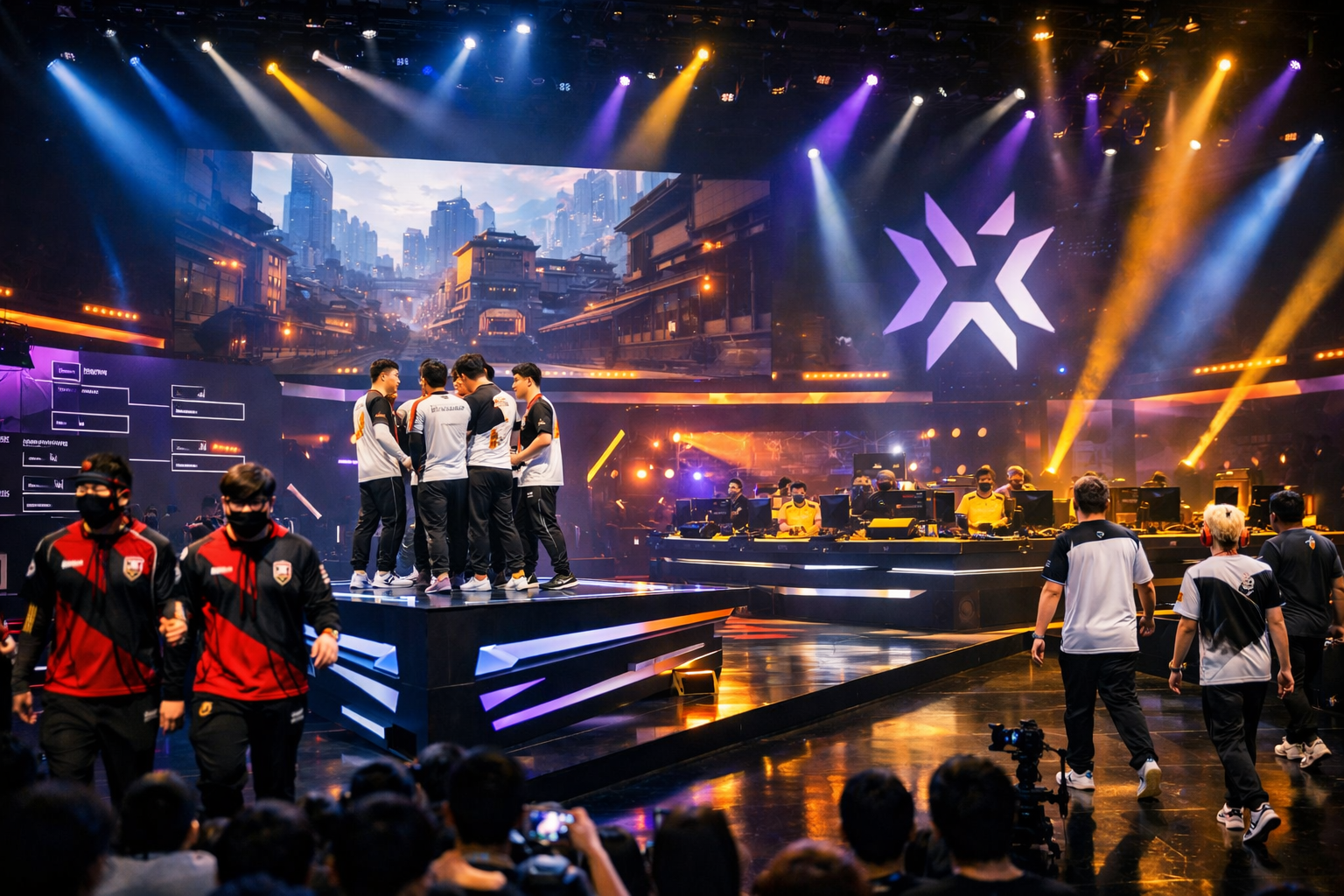 Escenario de VALORANT con ambiente de torneo internacional, equipos en tarima y una puesta en escena inspirada en el VCT 2026 Pacific Stage 1