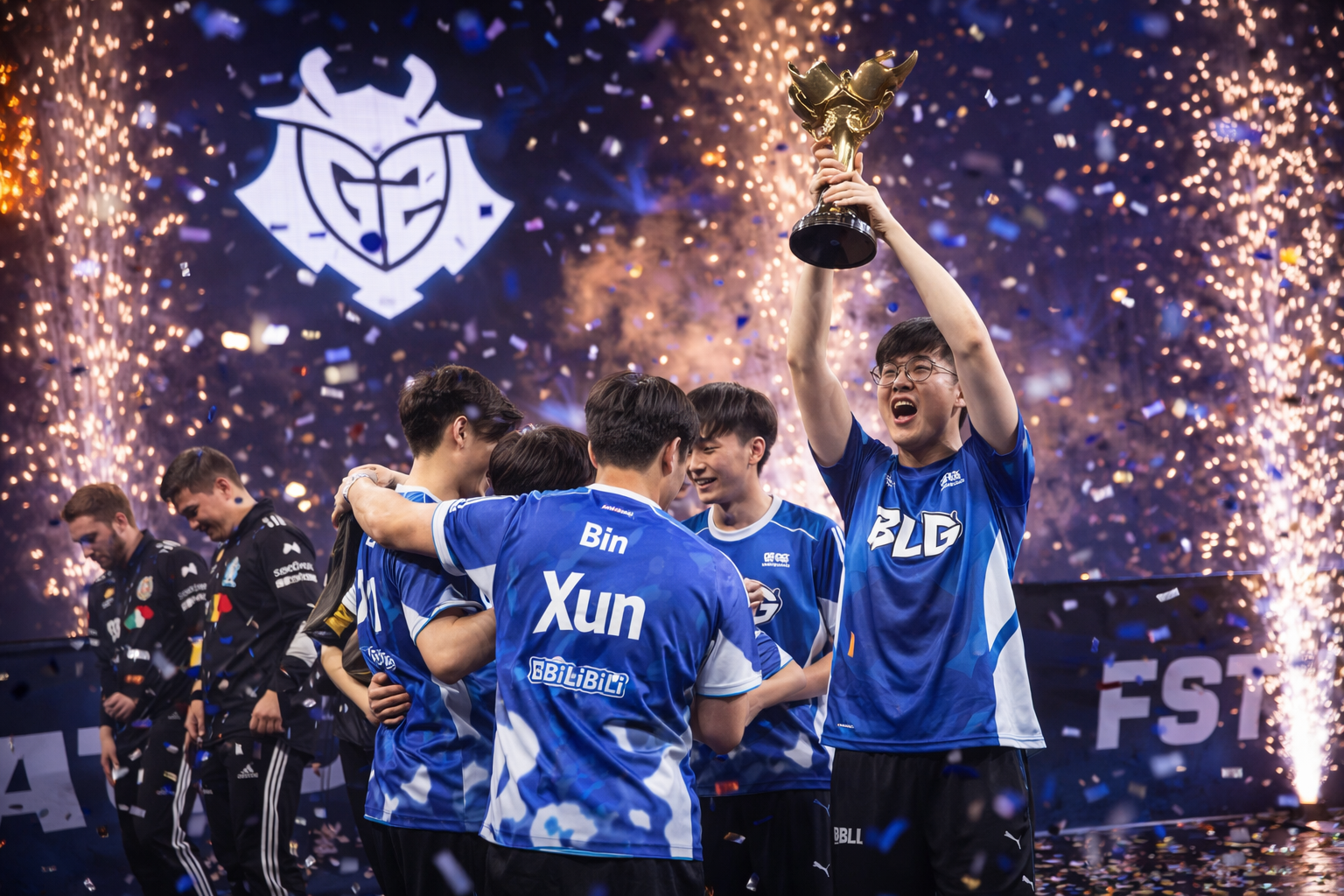 Jugadores de BLG celebrando con el trofeo tras una final intensa ante G2, en una escena que transmite gloria y cierre histórico