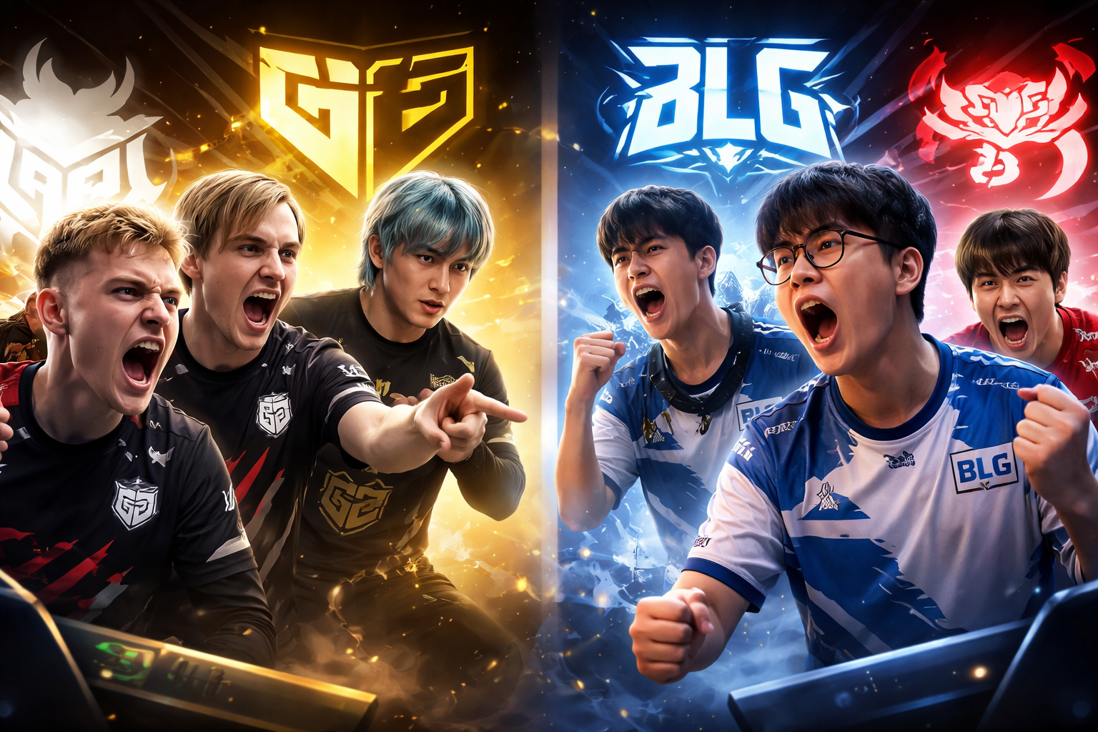 Jugadores de G2 y BLG en una escena intensa inspirada en las semifinales del First Stand 2026, con pura energía competitiva