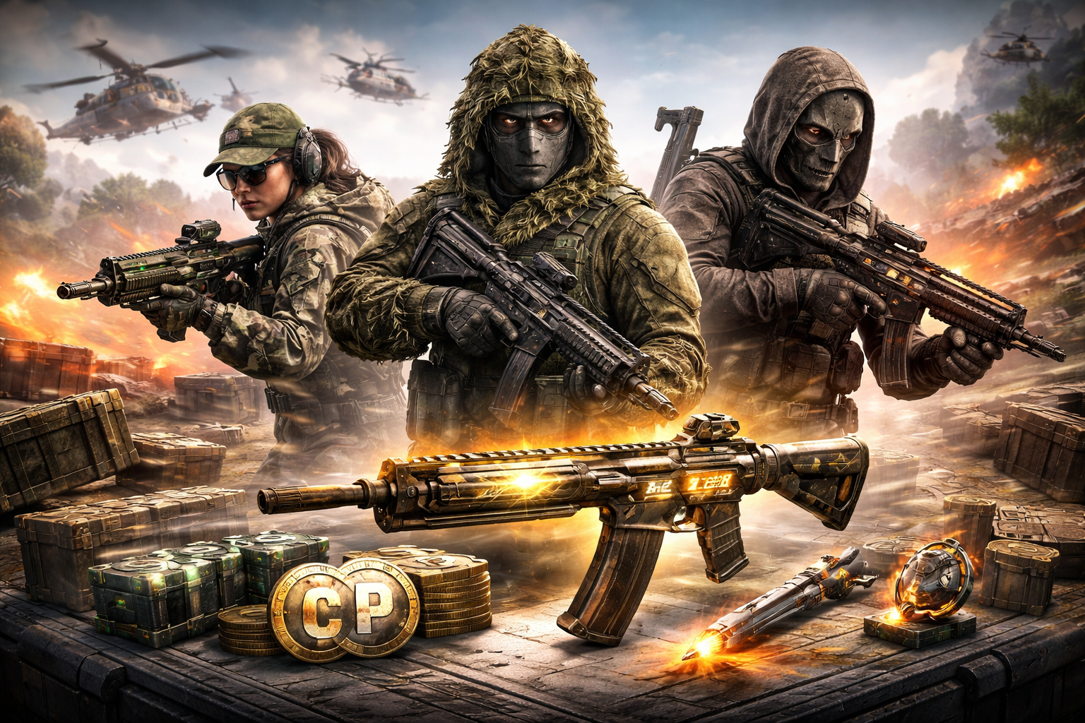 Operadores y armas en una escena de combate inspirada en Counter Skies, con recompensas del evento y una atmósfera táctica en BO7 y Warzone