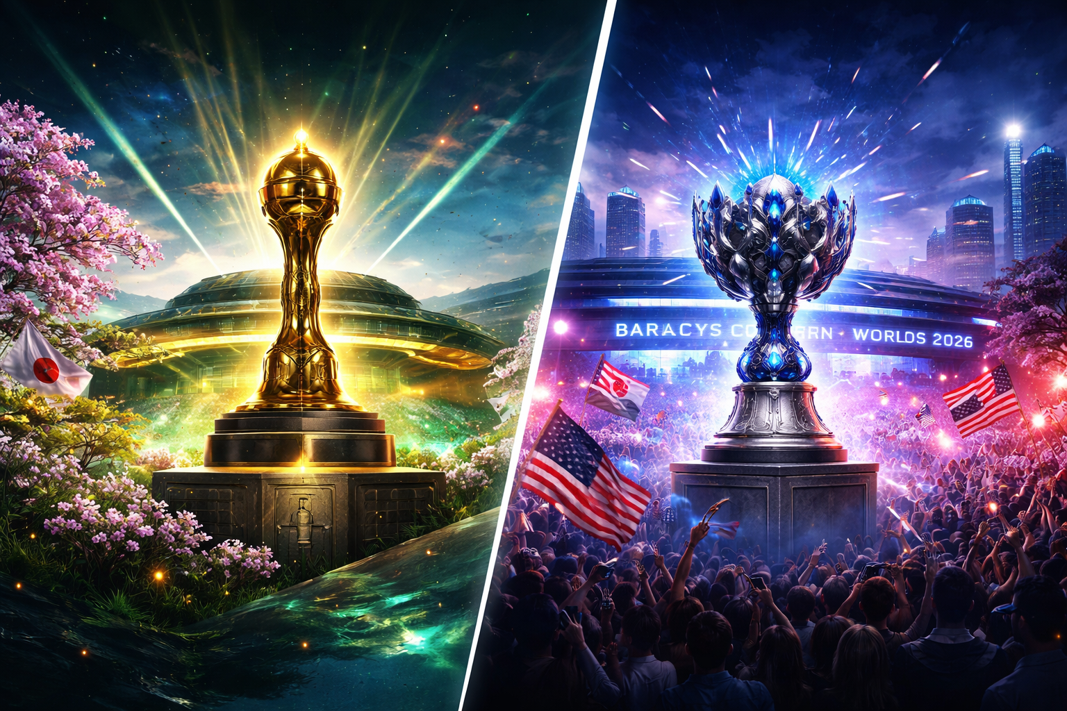 Trofeos y escenarios inspirados en MSI 2026 y Worlds 2026, en una imagen que transmite la escala global de los grandes torneos de LoL