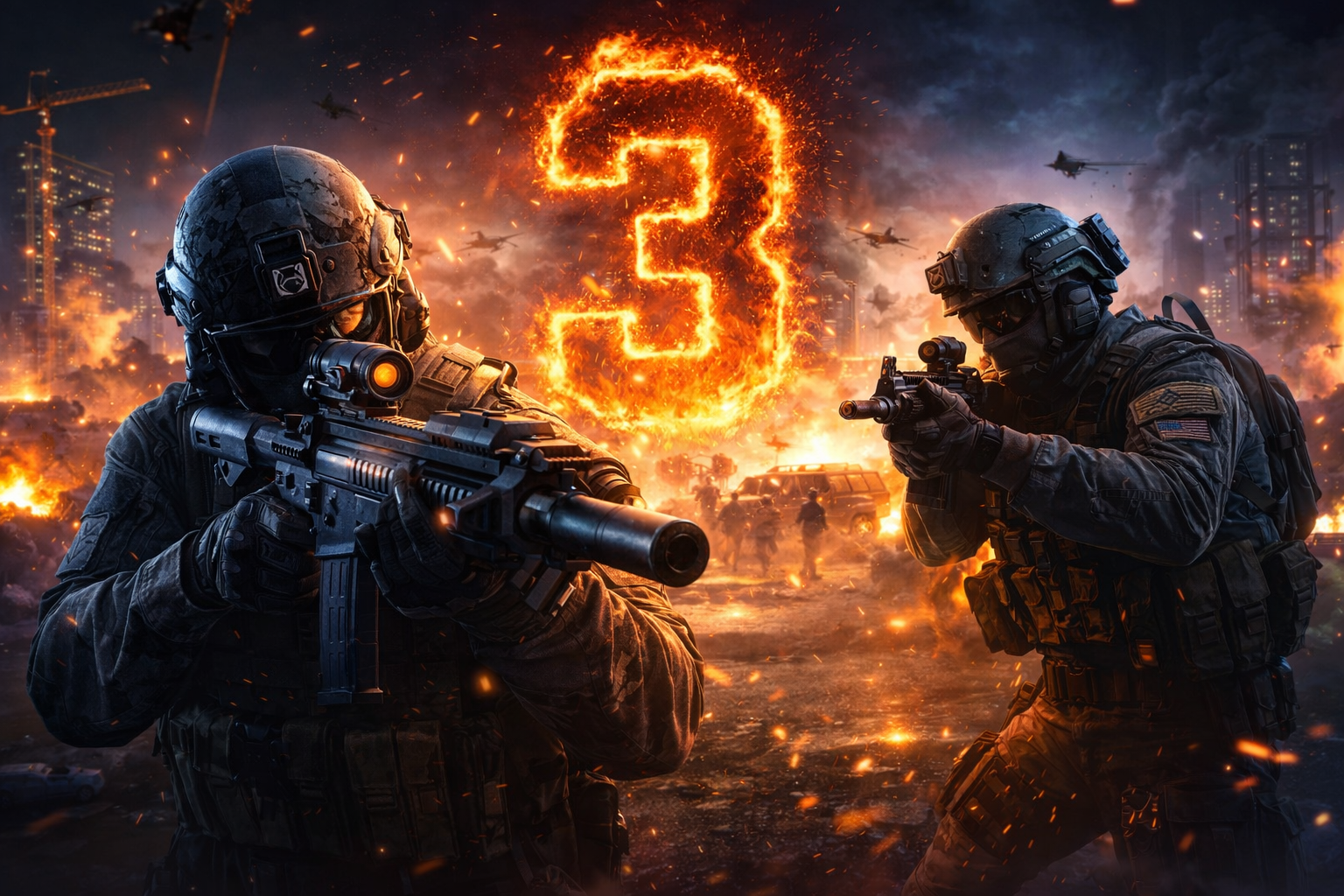 Operadores en una escena de combate intensa inspirada en la Season 3 de Black Ops 7 y Warzone, con una atmósfera de estreno y guerra total