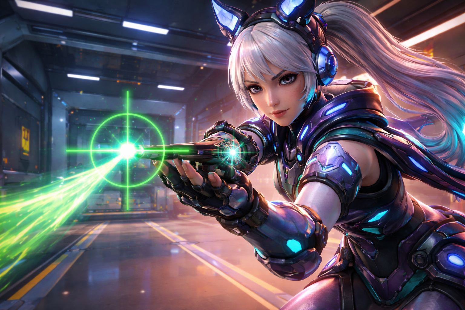 Mizuki apuntando con su Spirit Glaive en una escena de Overwatch pensada para destacar una mira clara y una trayectoria diagonal precisa