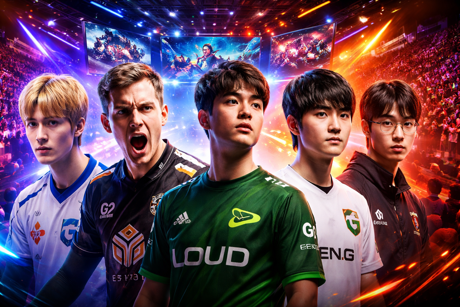 Jugadores destacados del First Stand 2026 en un escenario de esports con luces, público y ambiente competitivo