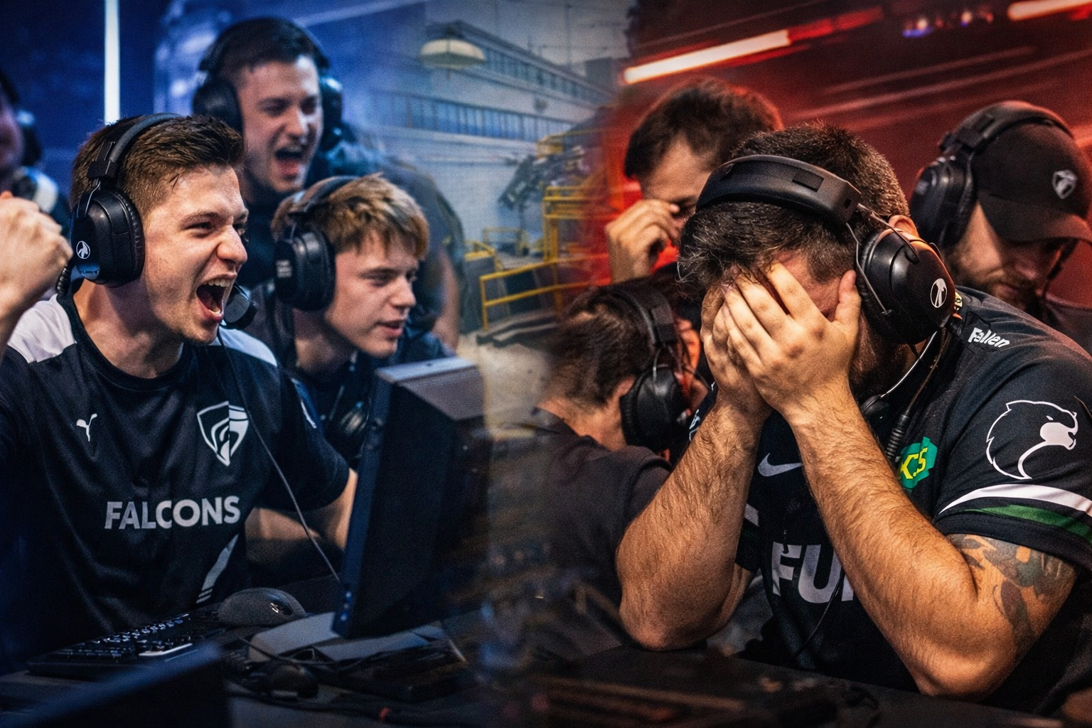 Jugadores de Falcons y FURIA en un duelo intenso de Counter-Strike con ambiente de playoffs y máxima tensión