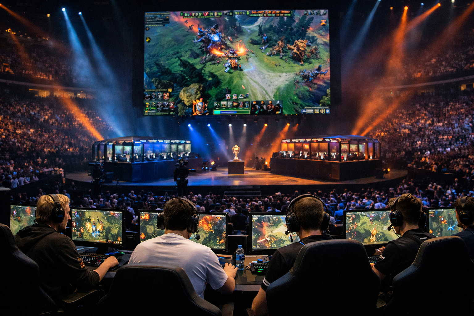 Escenario del ESL One Birmingham 2026 con partida de Dota 2 en vivo, público y ambiente de torneo grande