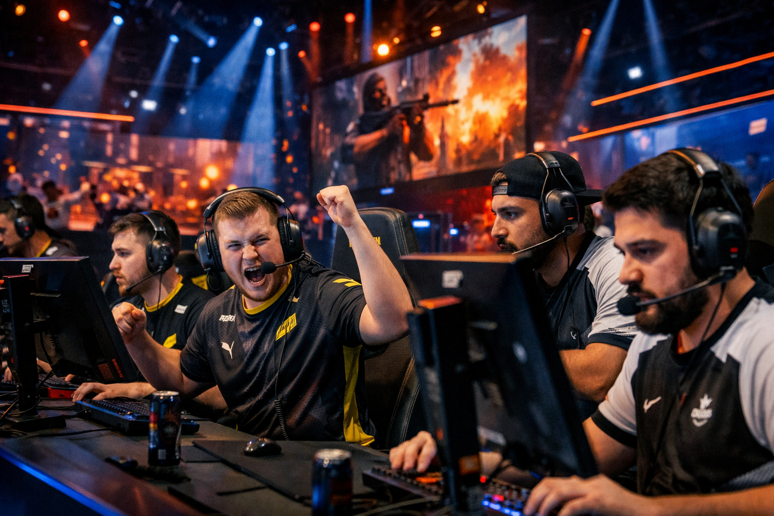 Jugadores de NAVI y Aurora en un duelo intenso de Counter-Strike con ambiente de escenario y tensión de playoffs