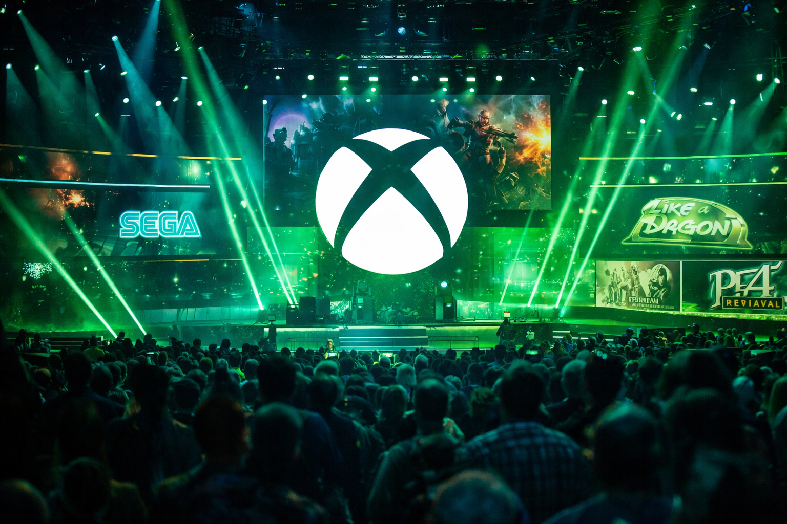 Escenario del Xbox Partner Preview 2026 con pantallas gigantes, luces verdes y ambiente de showcase gamer