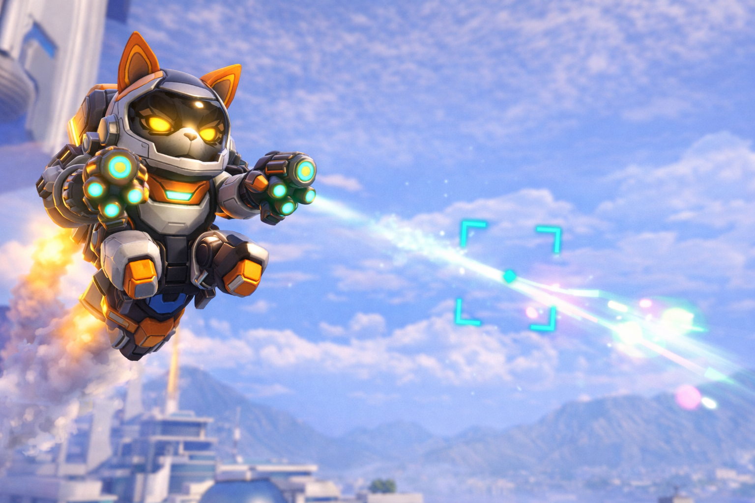 Jetpack Cat volando en Overwatch mientras dispara proyectiles bióticos con una mira visible en plena partida