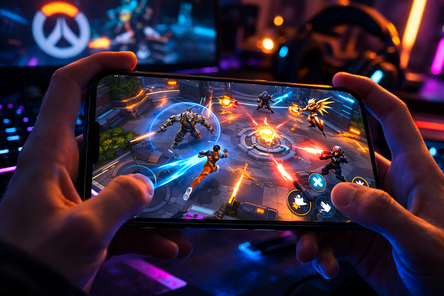 Manos jugando Overwatch Rush en el celular, con acción top-down y controles táctiles en pantalla