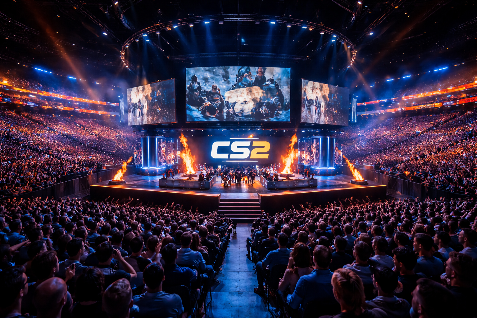 Arena llena en IEM Cologne Major 2026 con escenario de CS2 y pantallas gigantes, mostrando el cambio a Stage 3 full BO3