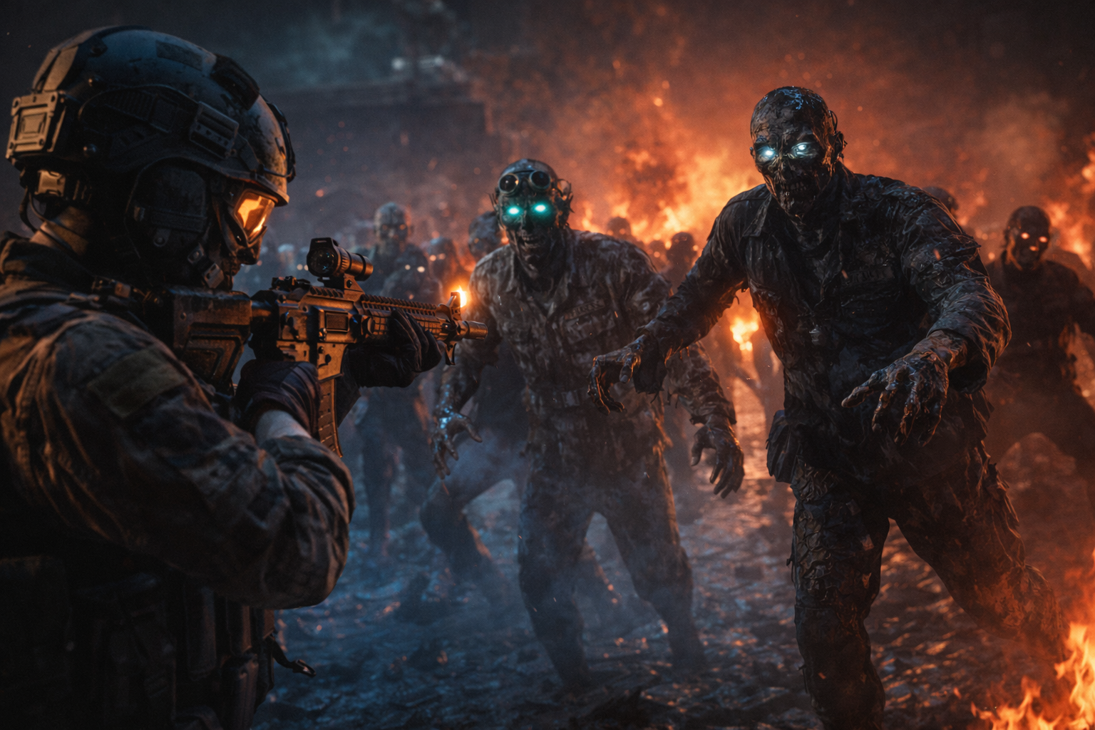 Operador enfrentando una horda de zombies en Call of Duty, en medio de fuego y humo, representando los rumores desmentidos de un Zombies standalone