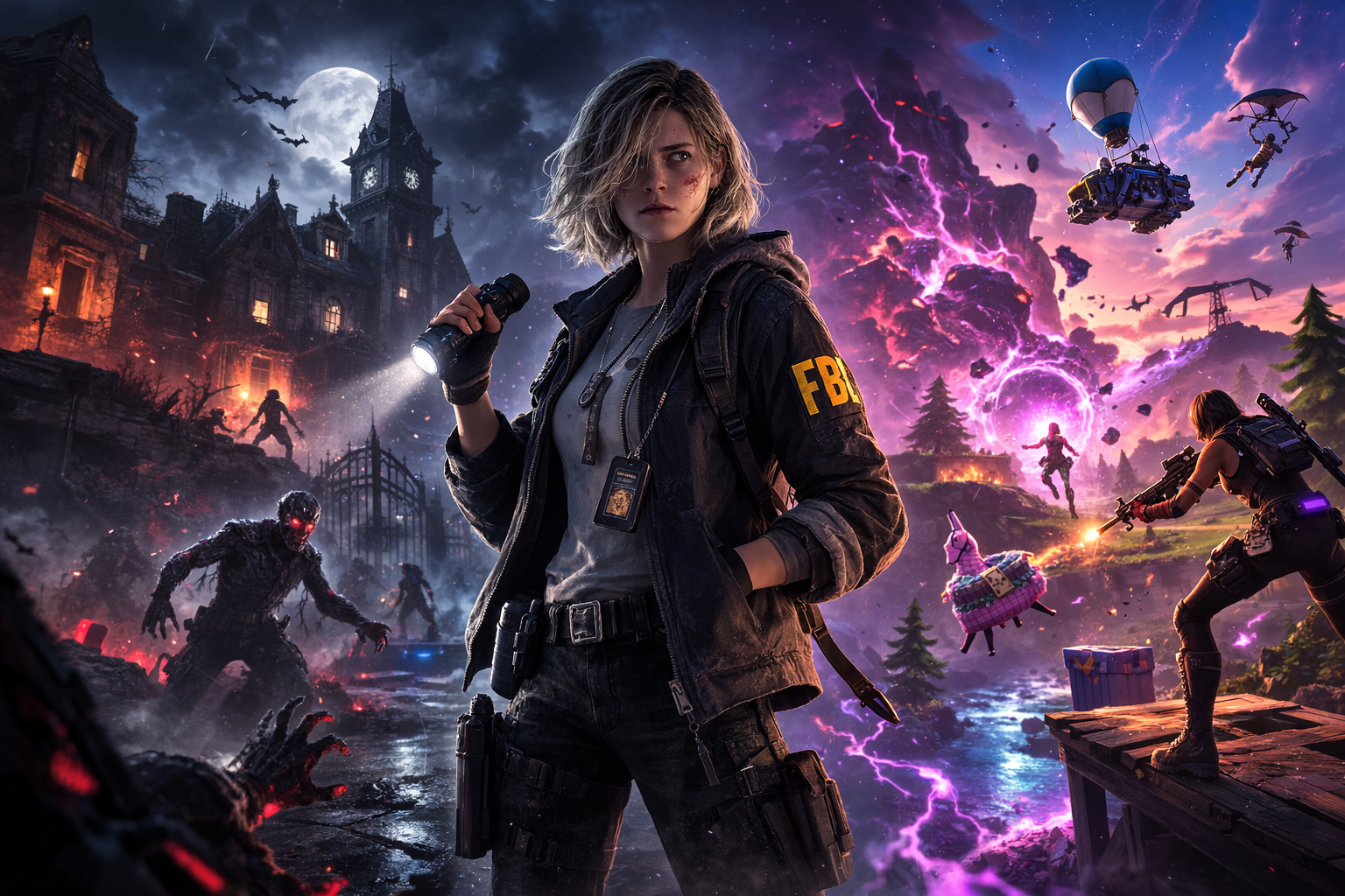 Grace Ashcroft con chaqueta del FBI en una escena crossover estilo Fortnite x Resident Evil, con portales morados y niebla oscura al fondo