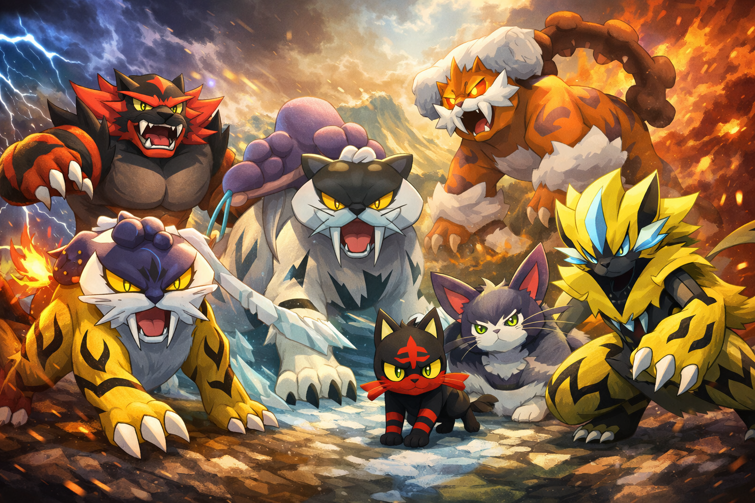 Pokémon con inspiración de tigre en una ilustración épica con fuego, hielo y energía de aventura