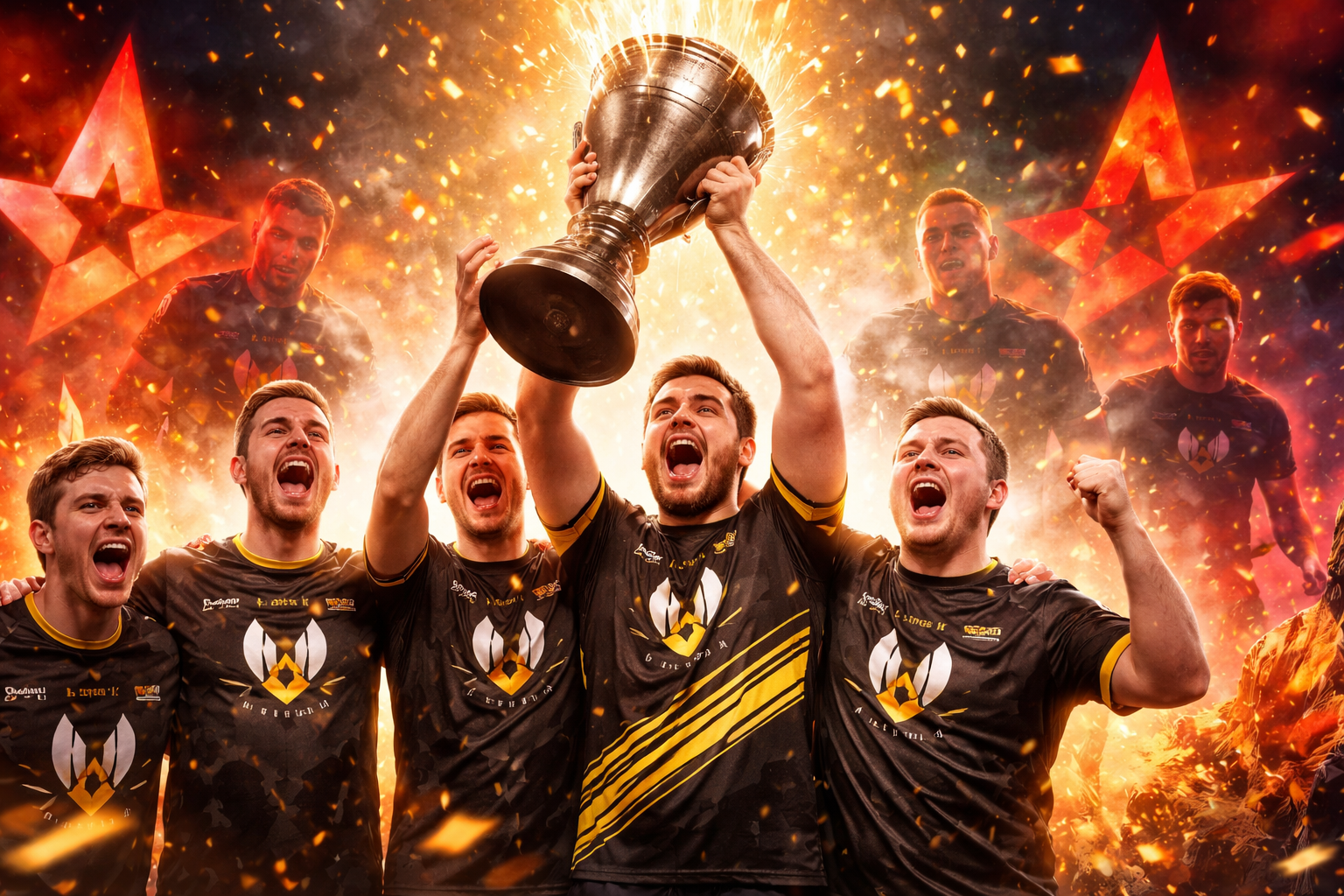 Jugadores de Vitality celebrando un logro histórico en Counter-Strike con trofeo, luces y ambiente de gran torneo