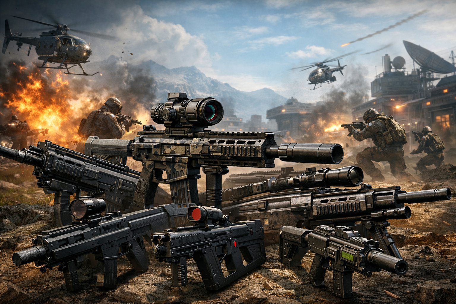 Armas de Black Ops Royale en una escena de combate intenso con estilo táctico y ambiente de Warzone