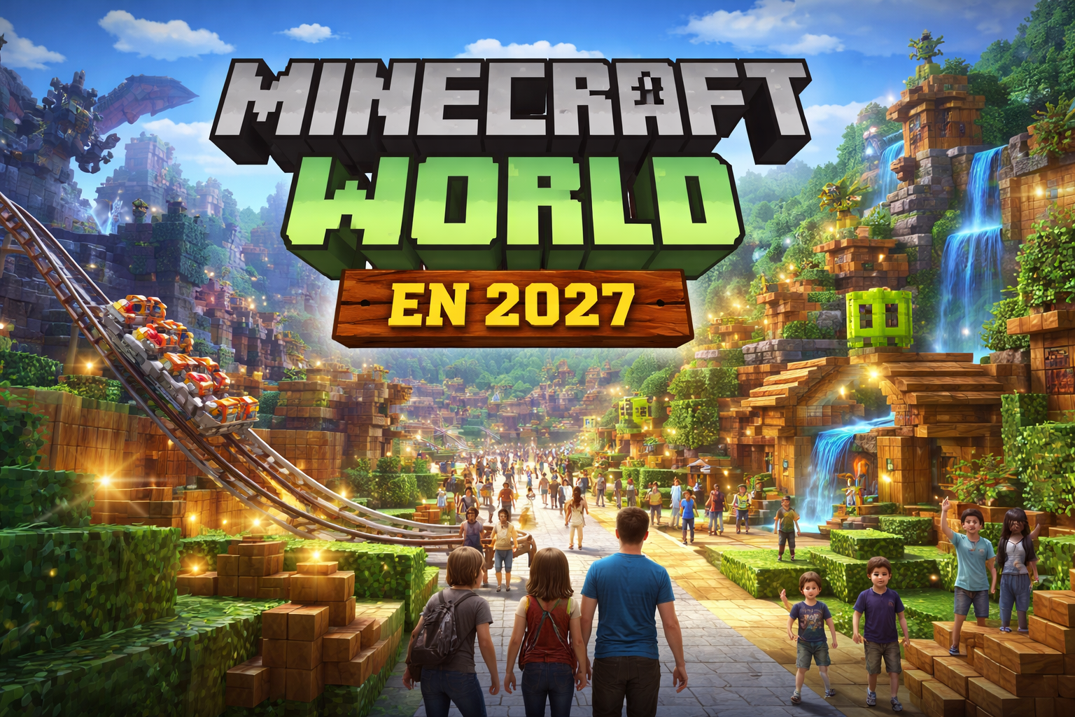 Familias recorriendo un parque temático inspirado en Minecraft, con montaña rusa, construcciones de bloques y ambientación inmersiva