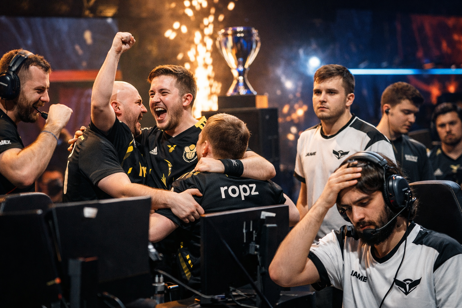 Jugadores celebrando y lamentándose en un escenario de Counter-Strike, con ambiente competitivo y luces de arena tras la clasificación de Vitality