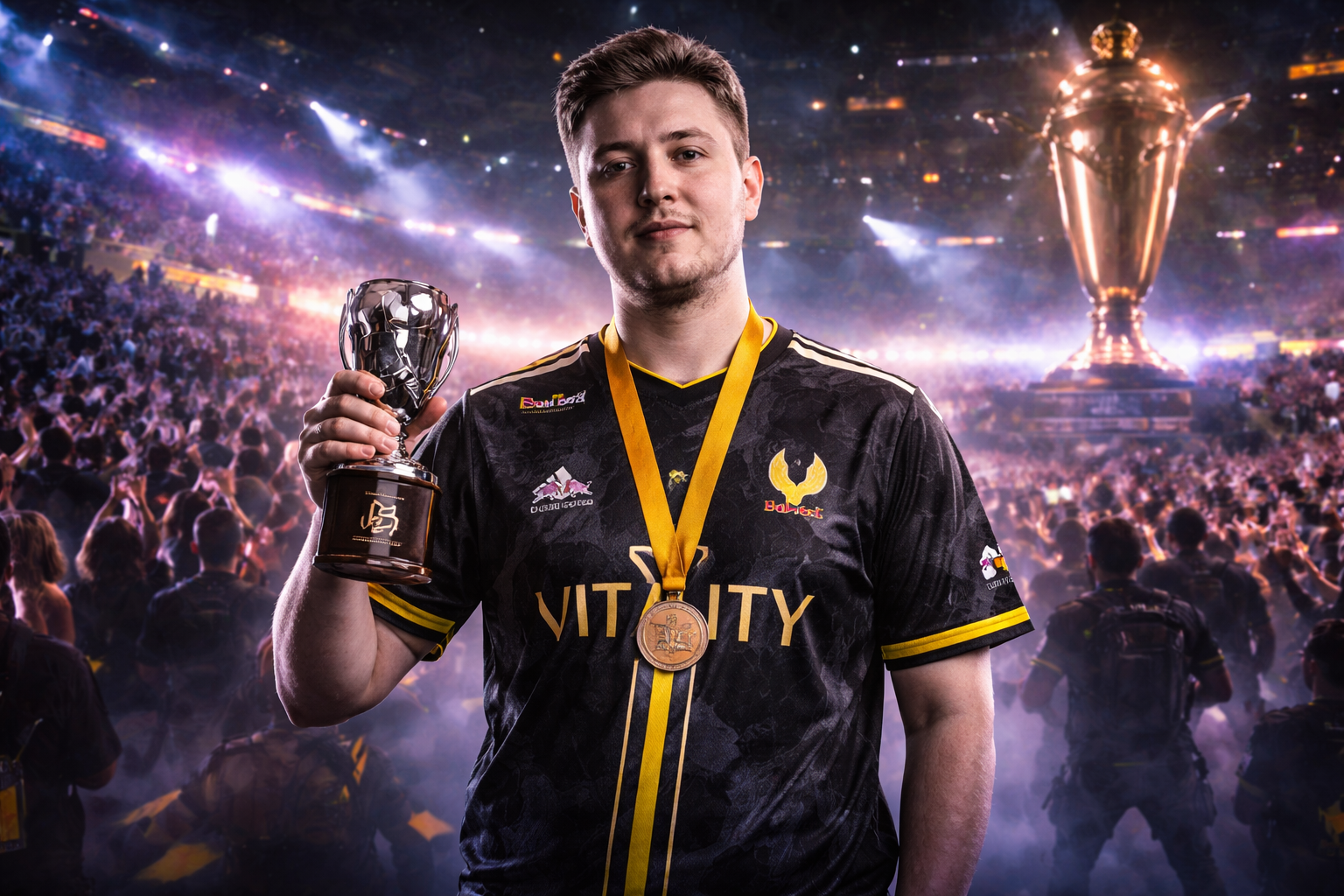 Mathieu “ZywOo” Herbaut posando con su trofeo de MVP en una arena de CS2, con el público de fondo y la camiseta de Vitality